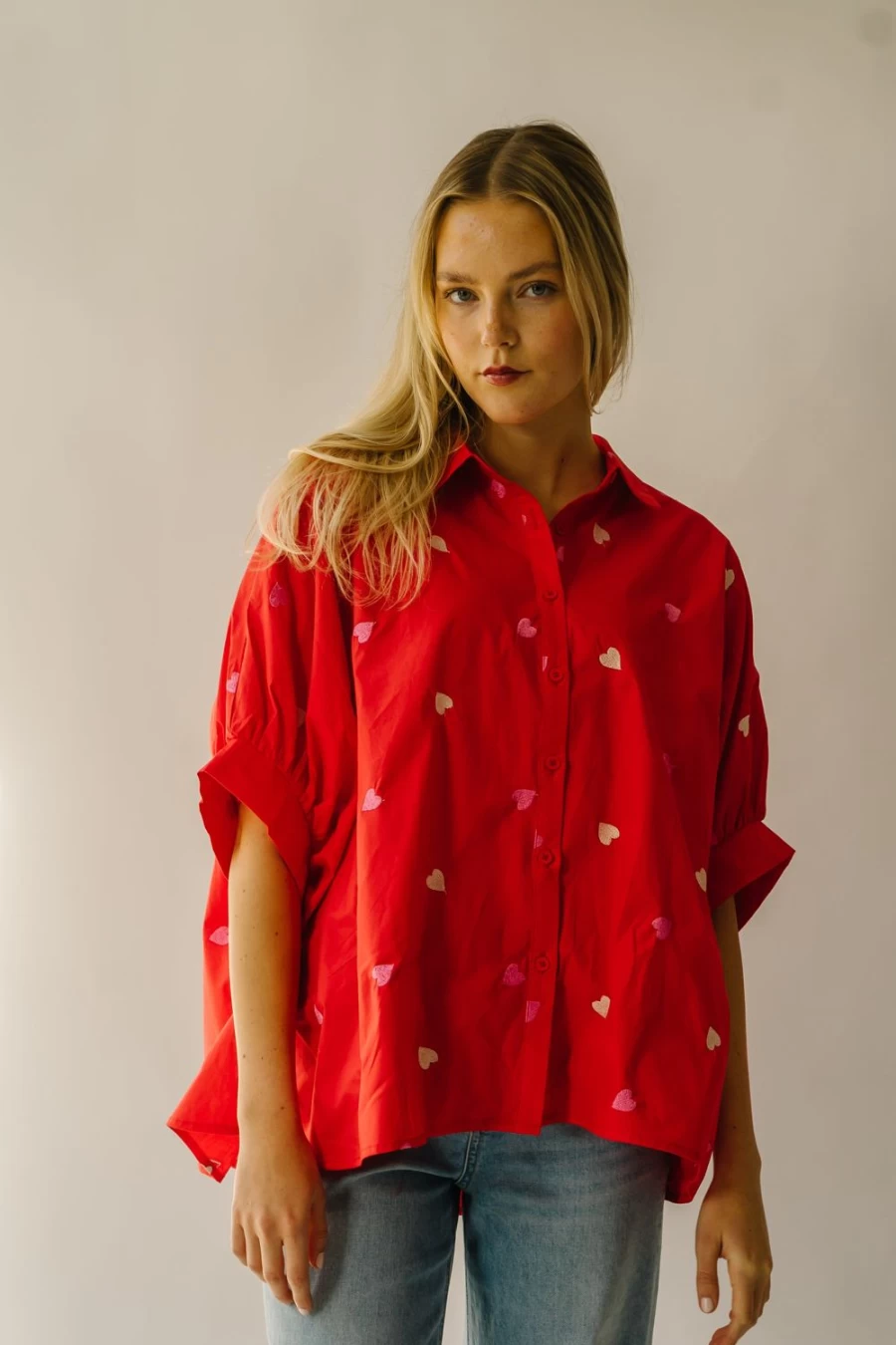 Piper & Scoot Women's Red Heart Embroidered Poplin Blouse - Patoka Style